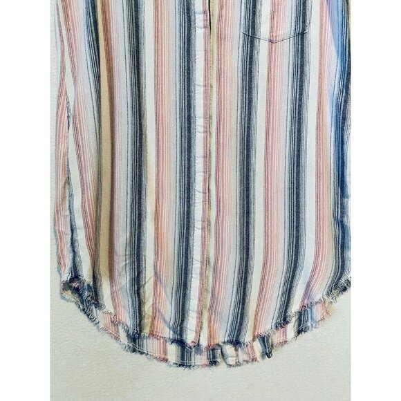 Anthropologie Cloth and Stone Dress Womens Medium Striped Linen Blend Fringe Hem - Picture 4 of 7